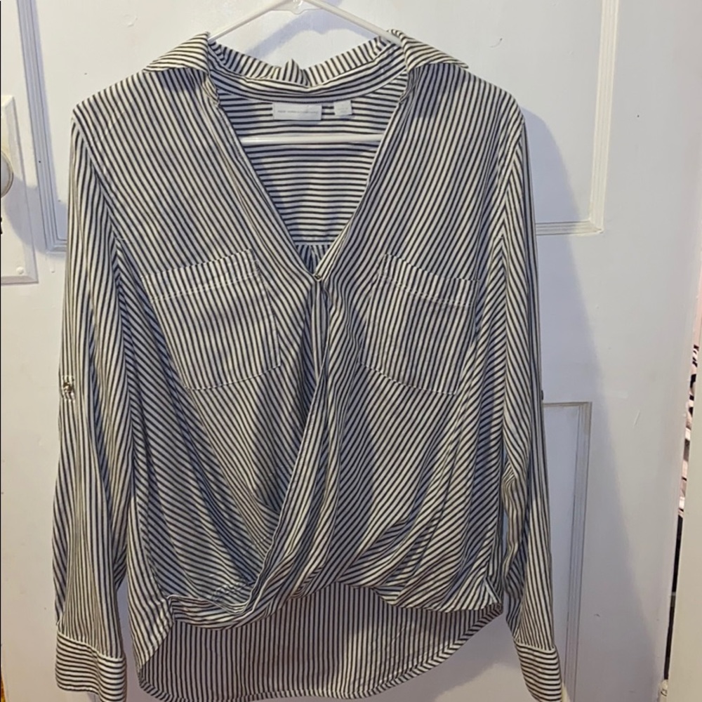 blue and white striped buttoned long sleeve blouse